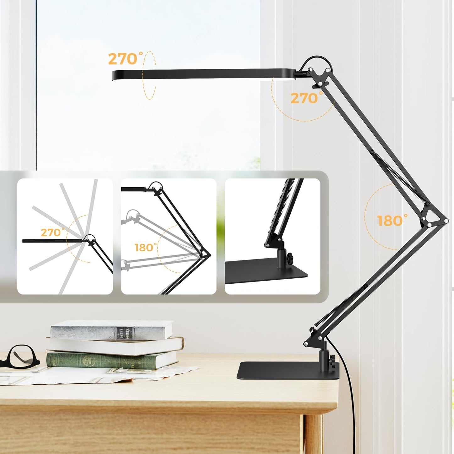 SKYLEO LED Desk Lamp - Adjustable Swing Arm, Dimmable, 1300LM, 12W, Metal, Black, Model A018