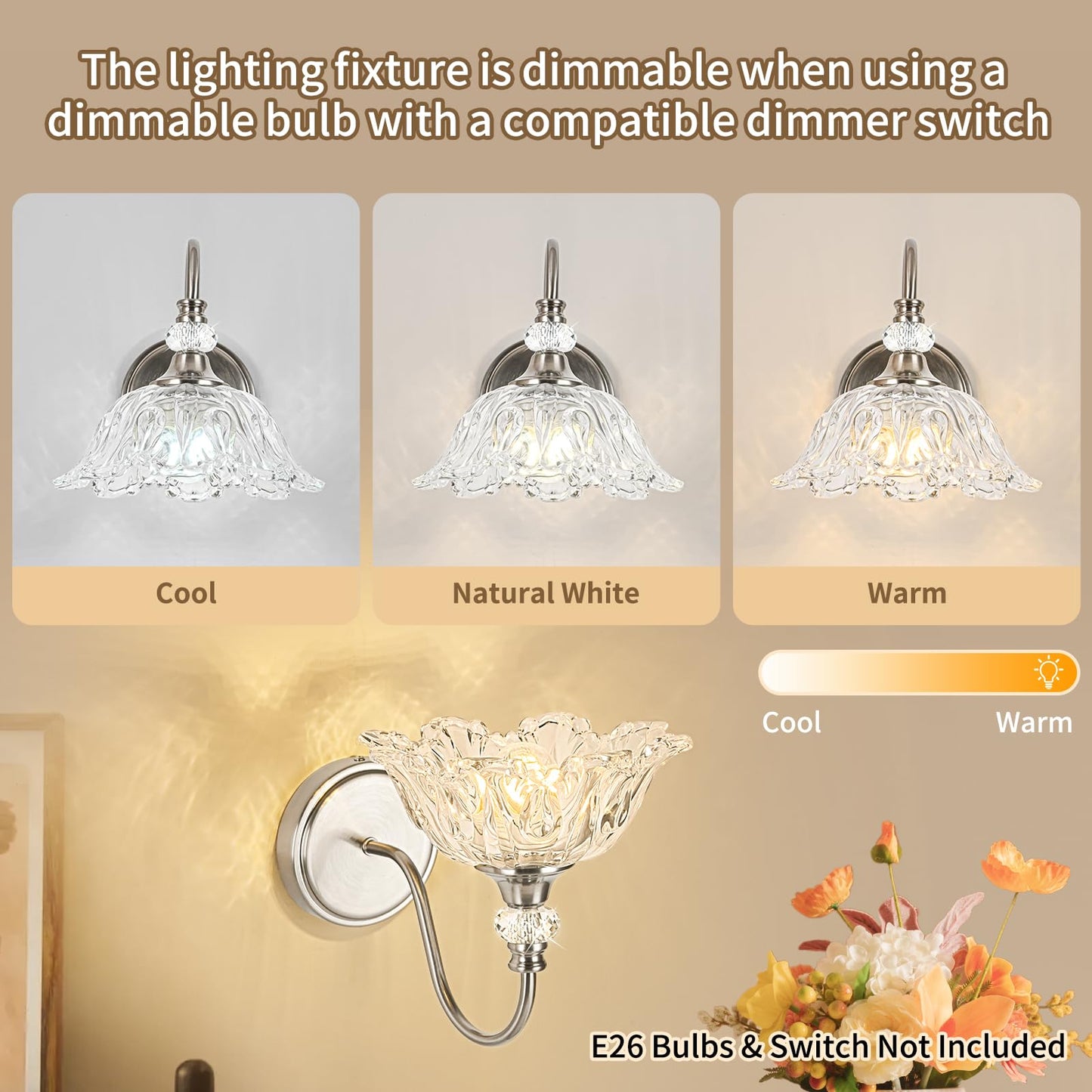 Sunkryster 1 Piece Brushed Nickel Wall Sconce With Floral Clear Glass Shade  Brushed Nickel Finish Wall Mount Lighting For Bathroom  Modern Bathroom Vanity Light Fixture