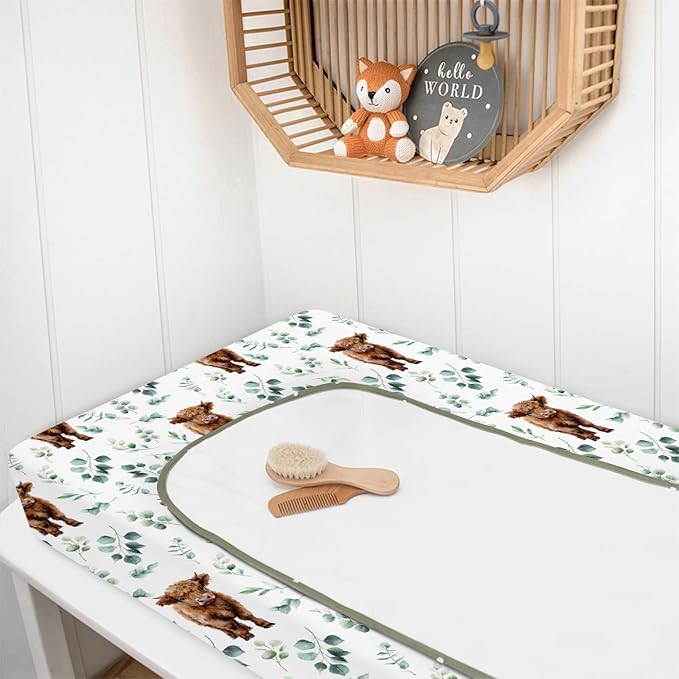 HawSkgFub Highland Cow Eucalyptus Leaf Changing Pad Cover for Baby Girl Boy, Natural Western Farm Animal Diaper Change Table Covers, Soft Stretchy Safe Snug Fitted Changing Mat Sheet Fit 32"/34" x 16"