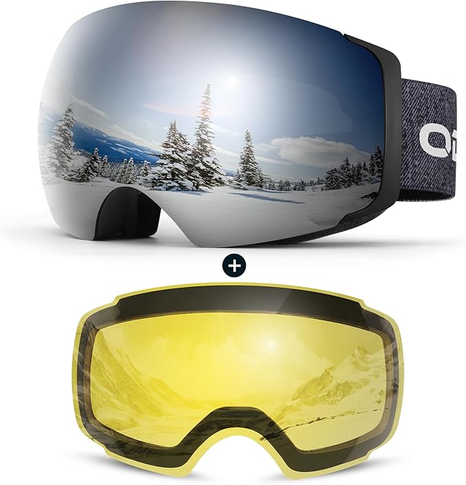 Odoland Magnetic Interchangeable Ski Goggles with 2 Lens, Large Spherical Frameless Snow Snowboard Goggles for Men Women