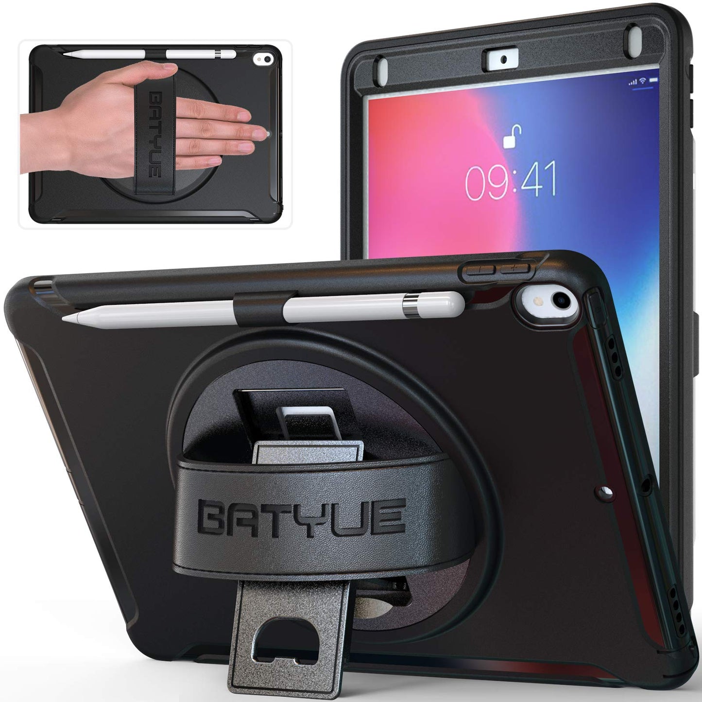 Batyue Ipad Air 3Rd Gen Case 2019/2017 Ipad Pro 10.5 Case With Pencil Holder, 360 Swivel Stand/Hand Strap, Shockproof Drop Prote