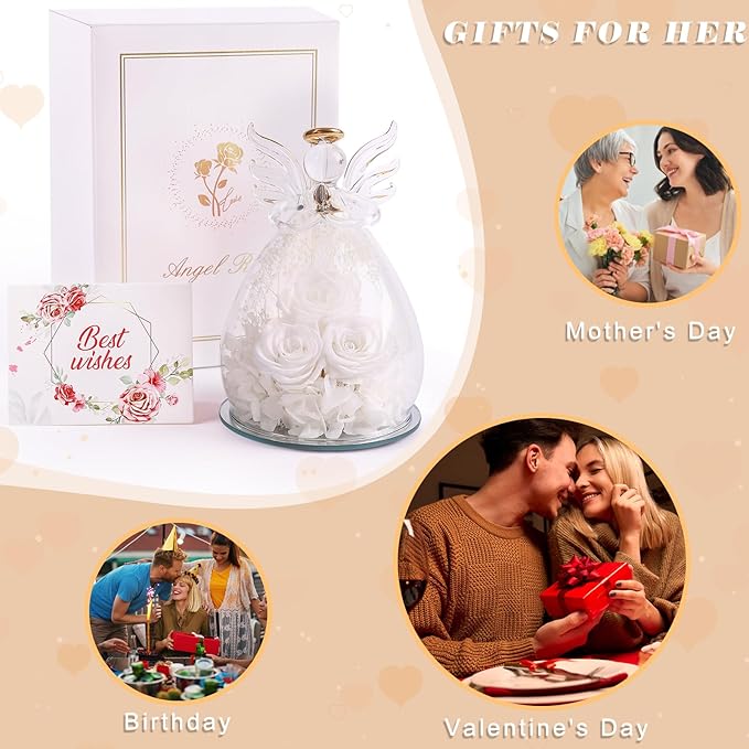 Beferr Valentines Day Rose Gifts for Her Women Mom Gifts for Birthday, Fresh Flowers for Delivery Forever Preserved Rose in Glass Angel Figurine, for Grandma Wife Daughter Girlfriend