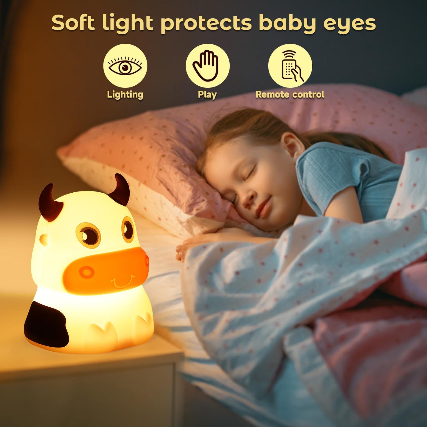 AVEKI Night Light for Kids, Portable Silicone Lamp, Color Changing, Cows-USB, Rechargeable, Cute Cow Design