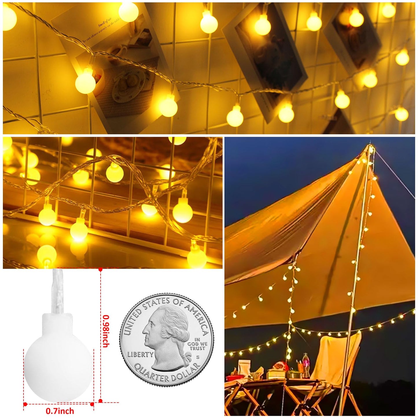 Ghustar Battery Operated Led Globe String Lights, 52Ft 120Leds, Warm White, 8 Modes, Waterproof, Remote For Home & Party Decor
