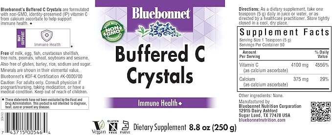 Bluebonnet Nutrition Buffered C Crystals, Buffered Vitamin C Powder, for Immune Health, for Antioxidant Protection, Soy Free, Gluten Free, Non-GMO, Kosher, Dairy Free, Vegan, Powder, 8.8 oz (250 g)