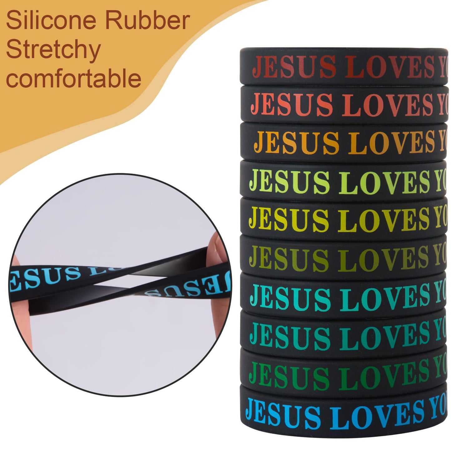 IDREAMBAND 100 Pcs Jesus Loves You Colorful Rubber Bracelets - Christian Rubber Wristbands for Men, Women & Party Favors