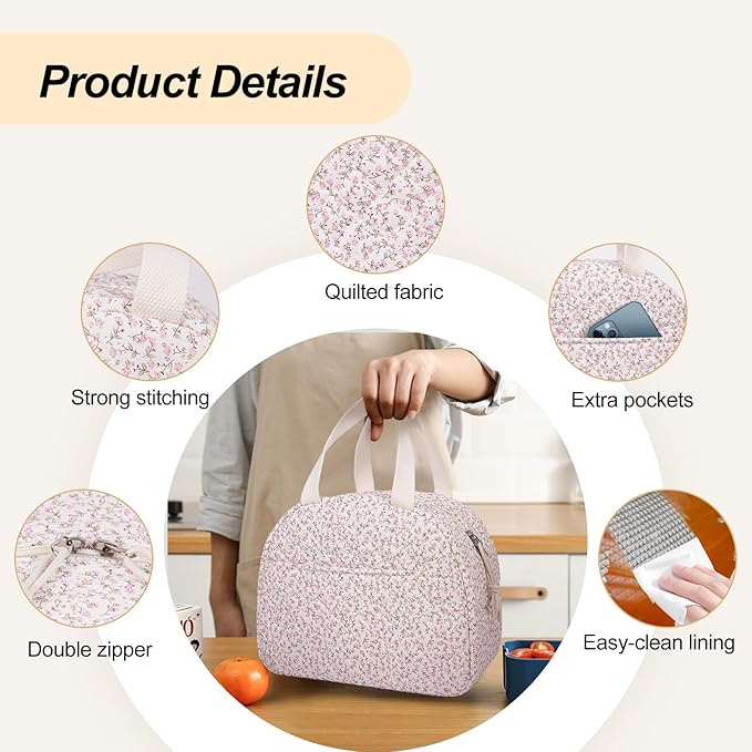 Lunch Box for Women,Cute Quilted Lunch Tote Bag,Reusable Insulated Lunch Box,Large Capacity Cooler Bag with Compartments for Work, Picnics or Travelling