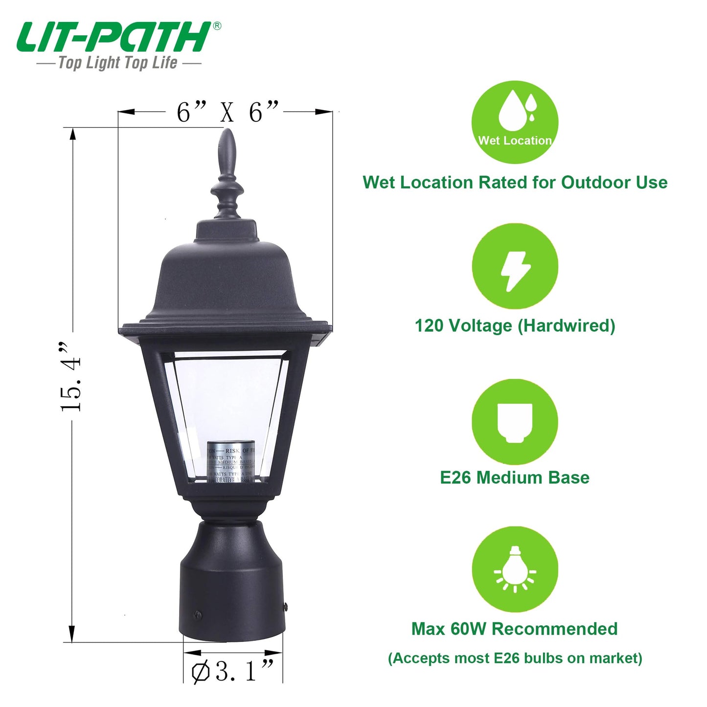 Lit-Path Outdoor Post Lantern, Aluminum, E26 Max 60W, Matte Black, 1-Pack, Model Lt-Pl003