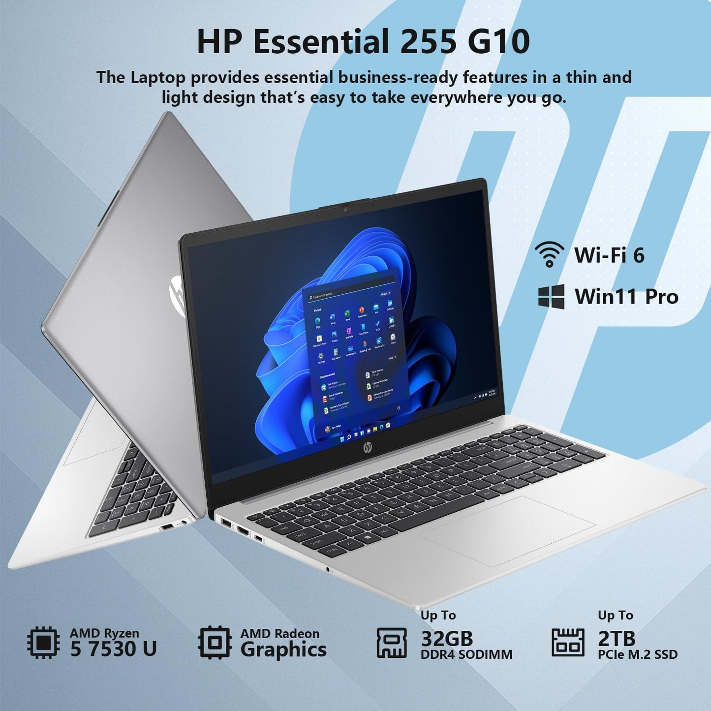 Hp Essential 255 G10 Entry Business Laptop, 15.6 Fhd Anti-Glare Display, Amd Ryzen 5 7530U, Radeon Graphics, 32Gb Ram, 2Tb Ssd,