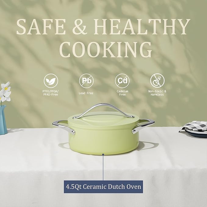 4.5qt Ceramic Dutch Oven Pot with Lid (9.5") Nonstick Ceramic Coated Low Stock Pot, PFAS-Free, Lightweight, Quick Heat Distribution, Non stick for Braising, Baking Bread & Soups, Compatible for All Cooktops(Induction/Gas/Electric) Oven Safe to 500°F, O...