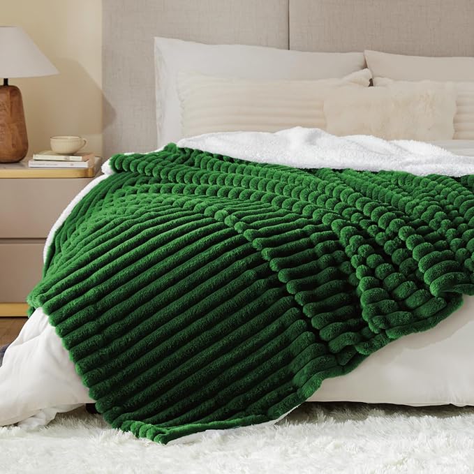 INFIIXSO Sherpa Throw Blanket for Couch - Super Soft & Warm Striped Fleece Blanket, Cozy Plush Fluffy Blanket All Season Use (Dark Green, 60x80 Inches)