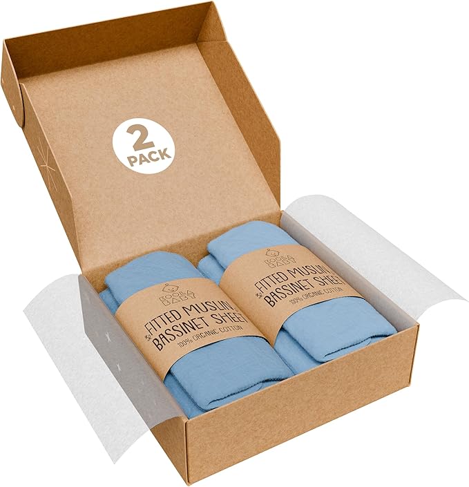 Bassinet Fitted Sheets - Compatible with SNOO Happiest Baby Oval Bassinet | 100% Organic Muslin Cotton - Light Blue + Dark Blue | 30x16 (2 Pack)