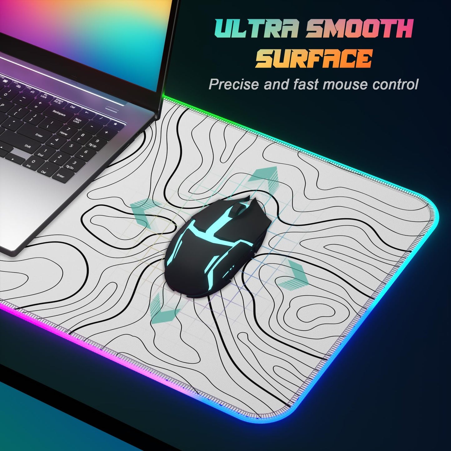 ITNRSIIET RGB Gaming Mouse Pad, Full Desk XL Extended Large Gaming Mousepad, 12 Lighting Modes 30% Thicker Big LED Desk Mat for Gamers, 32 x 12 inches, Topographic Contour White