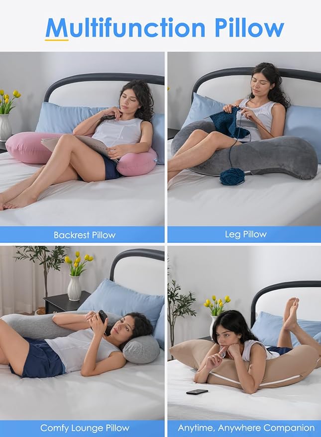 QUEEN ROSE Cooling Body Pillow, Full Body Support Pillow for Side Sleepers, Soft S Shaped Hug Pillow for Adults, with Removable Pillowcase, Pink