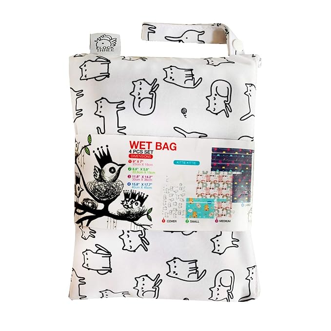 FLOCK THREE 4pcs Waterproof and Reusable Wet Bag Diaper Stroller Water Resistant Swimsuit Travel Toiletries Yoga Gym Washable Carrier Small Medium Large Cat 4 Pack
