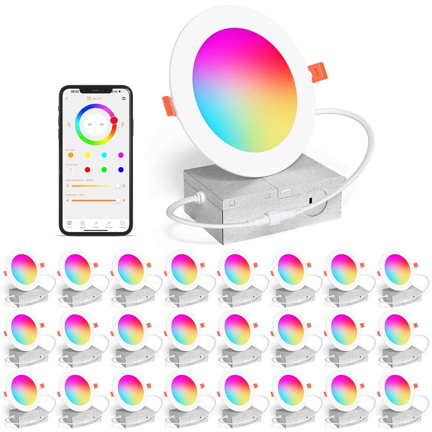 SikSog 12W RGBCW LED Downlight 4 Inch, 24 Pack, Dimmable, 1000 Lumen, Aluminum, Compatible with Alexa