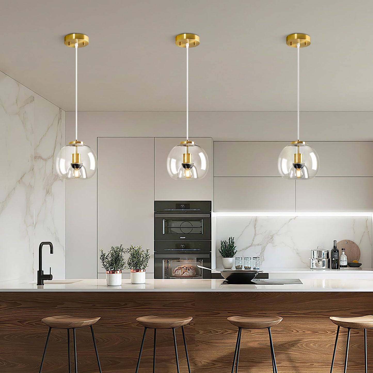 Lbsqj Clear Glass Pendant Lights Kitchen Island 3 Pack 7.87 Glass Globe Pendant Light Gold Hanging Light Fixture Modern Pendant Lighting For Kitchen Island Bedroom Dining Room