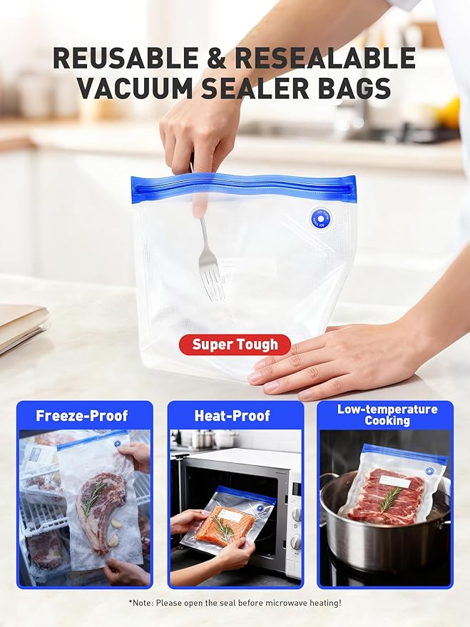 60 Pcs Reusable Vacuum Sealer Bags for Food, 3 Size BPA-Free Vacuum Storage Bags with Sealing Clips & Leak-Proof Design for Sous Vide Cooking, Freezer, Microwave Heating