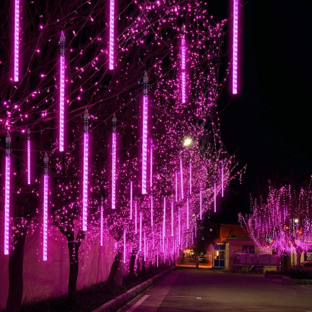 Aukora Led Meteor Shower Lights, 11.8In Purple Rain Drop Lights, 144 Leds For Xmas Party, Holiday, Garden Decoration