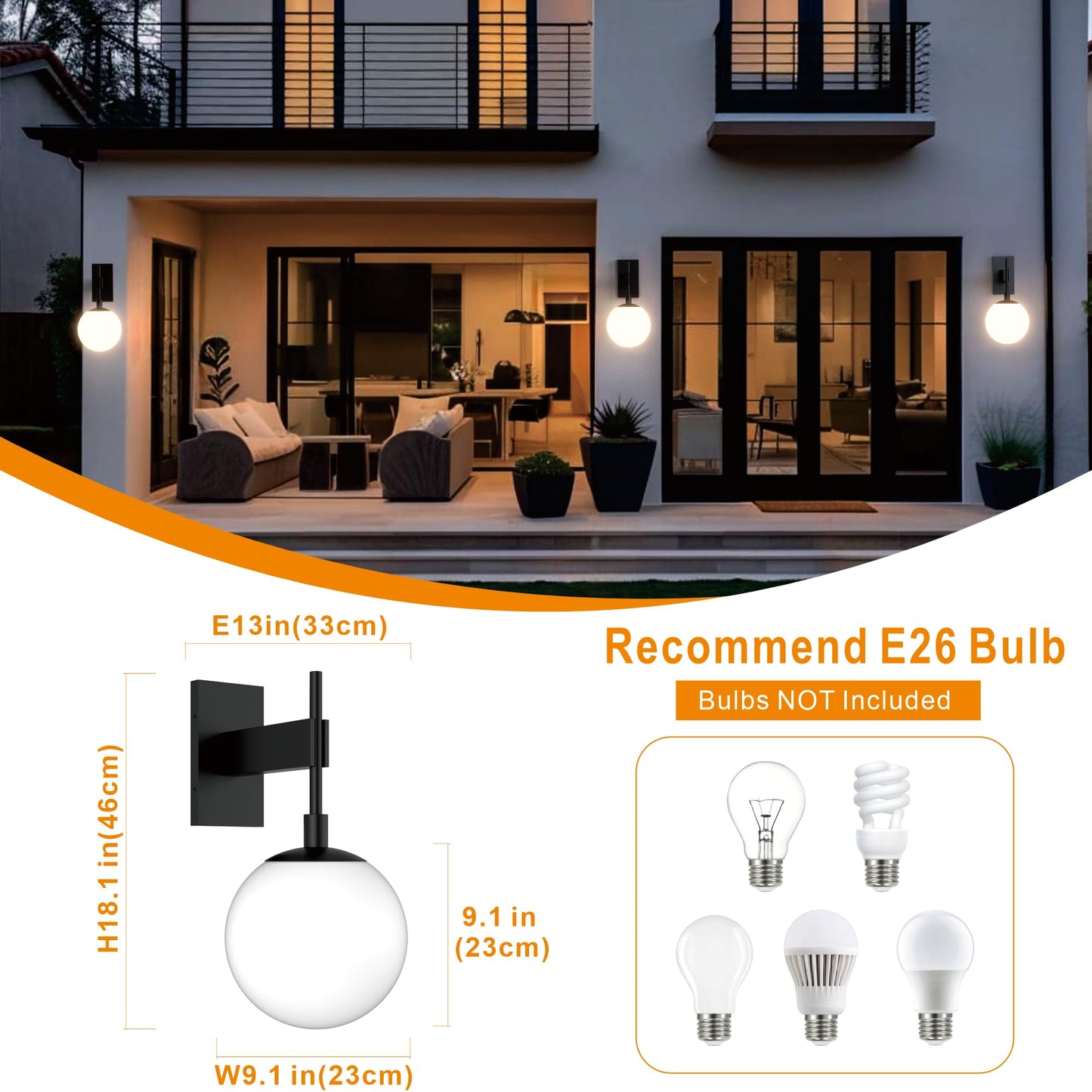 Hyunbae Outdoor Wall Sconce - 18.9 Waterproof Exterior Light Fixture, Large White Globe Glass For Porch, Model Hy-Round1