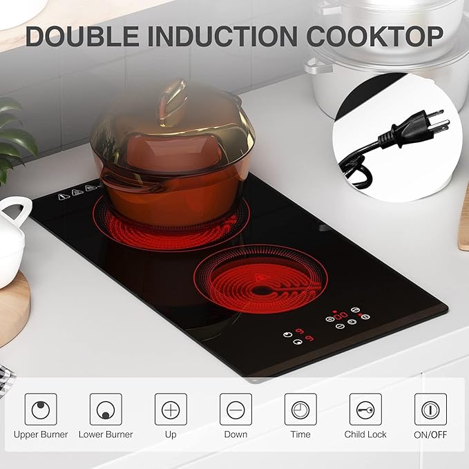 Electric Cooktop 2 Burners, 12 Inch Built-in Ceramic Stove Top with Timer, Child Lock, 110V Induction Cooktop for Kitchen, Apartment, RV, Dorm