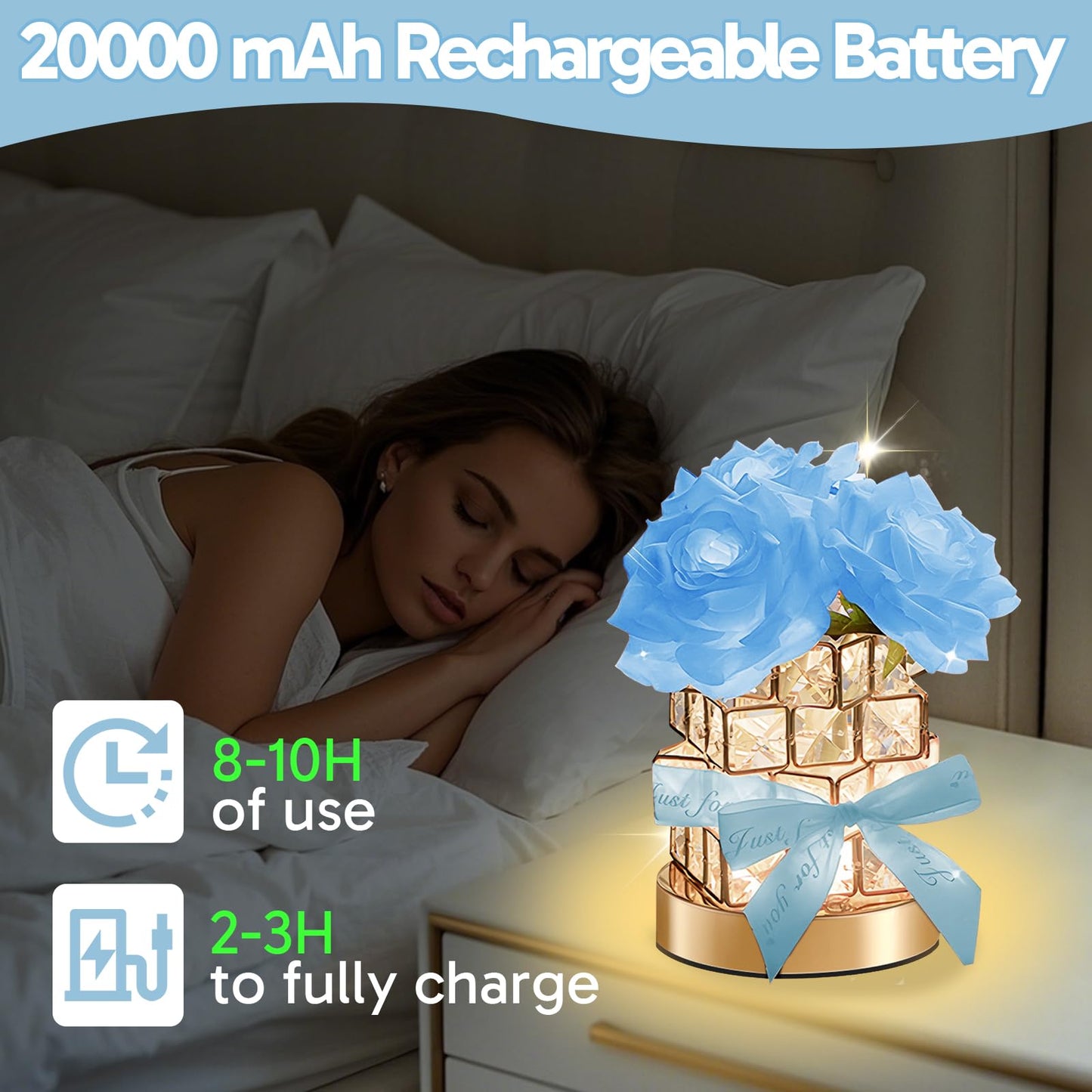 Onxe Romantic Rose Gifts For Girlfriend Wife Her Rechargeable Cordless Touch Crystal Table Lamp 3-Colour Infinitely Dimming Small Night Light ValentineS Day Anniversary Birthday Wedding Decor