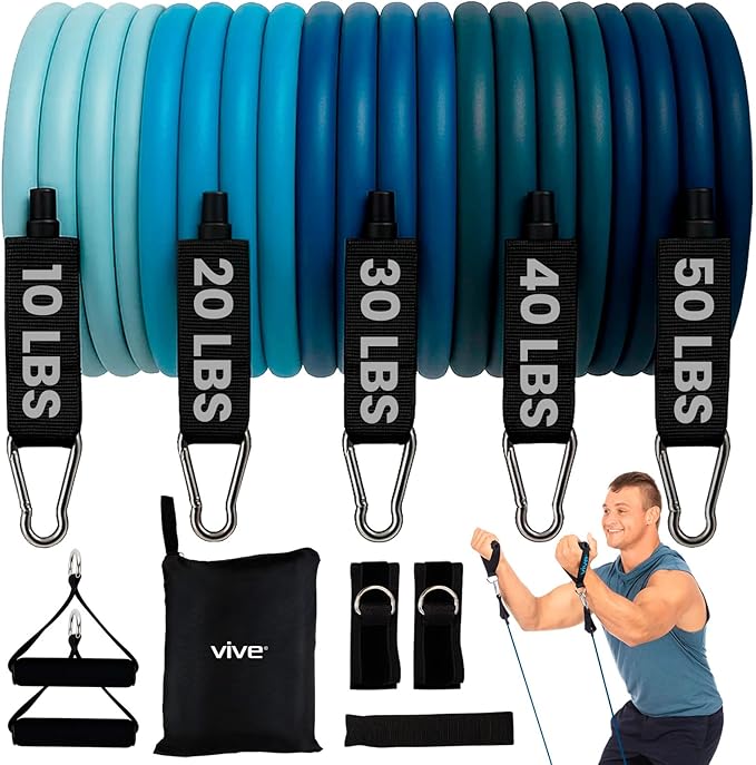 Vive Resistance Band Set (11 PCS) (With App) - Versatile Exercise Tubes with Wide Handles, Workout Poster, & Door Anchor -...