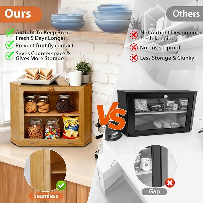 Bamboo Corner Bread Box for Kitchen Countertop, Log Bread Storage Box, Double-Layer Round Wooden Breadbox with Acrylic Transparent Window installed under cabinets, Store Various Foods and Items
