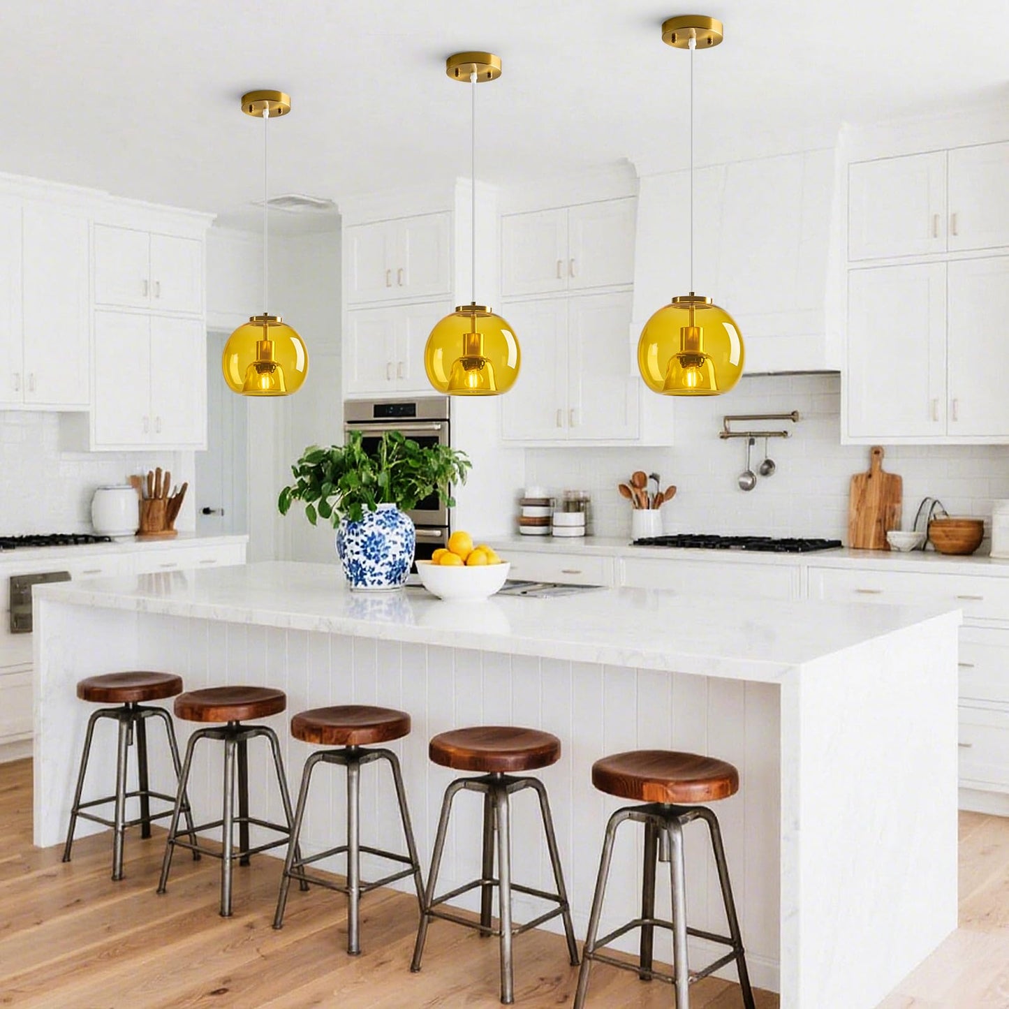 Lbsqj Yellow Glass Pendant Lights Kitchen Island Gold Hanging Light Fixture Glass Globe Pendant Light Modern Pendant Lighting For Kitchen Island Bedroom Dining Room (7.87  3 Pack)