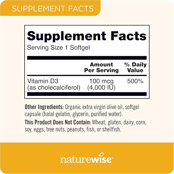 NatureWise Vitamin D3 4000iu (100 mcg) 30-Day Supply for Immune Support, Healthy Muscle Function, and Bone Health - Non-GMO, Gluten Free in Organic Extra Virgin Olive Oil, (Mini Softgel), 30 Count