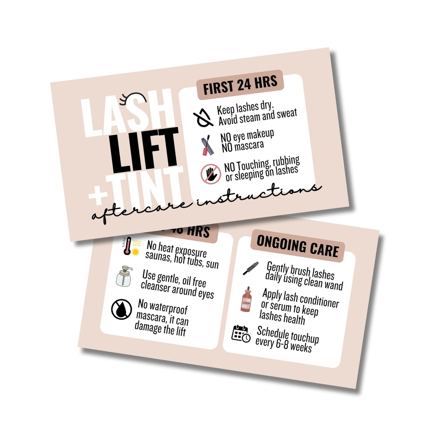 Cute Modern Lash Lift and tint Aftercare Cards - 55 Cards - Full Color high gloss front and back great for lash artist - lash li