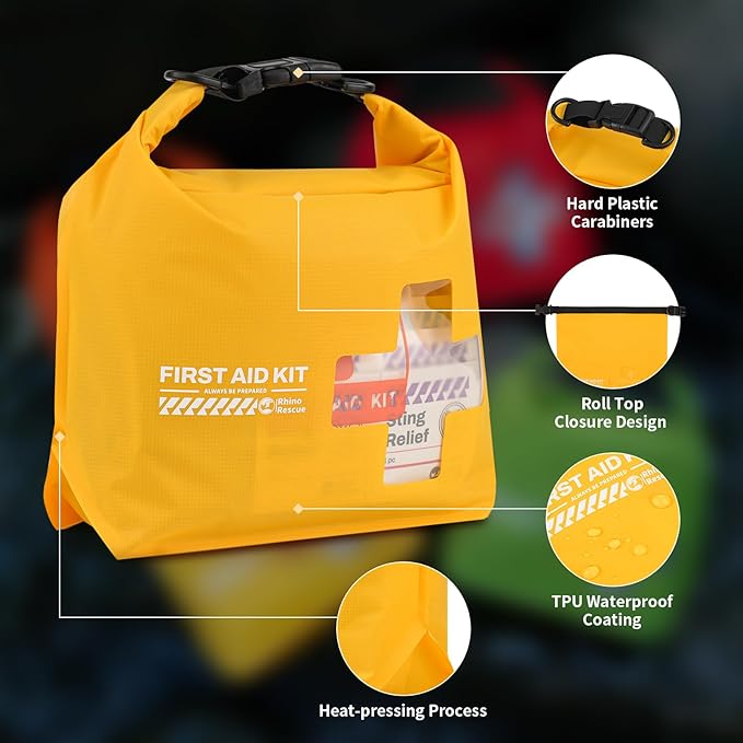 RHINO RESCUE Waterproof First Aid Kit, Lightweight Boat Dry Bag, Emergency Survival Supplies for Outdoor Kayak Floating Swimming & Camping FSA HSA Eligible (Green)