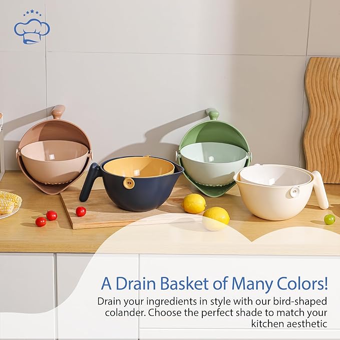 Chef's Path 2 in 1 Kitchen Strainer and Colander for Kitchen, Multifunctional Food Strainer Set, BPA Free Plastic Colander with Handle, Pasta Drainer, Veggie and Fruit Cleaner - White