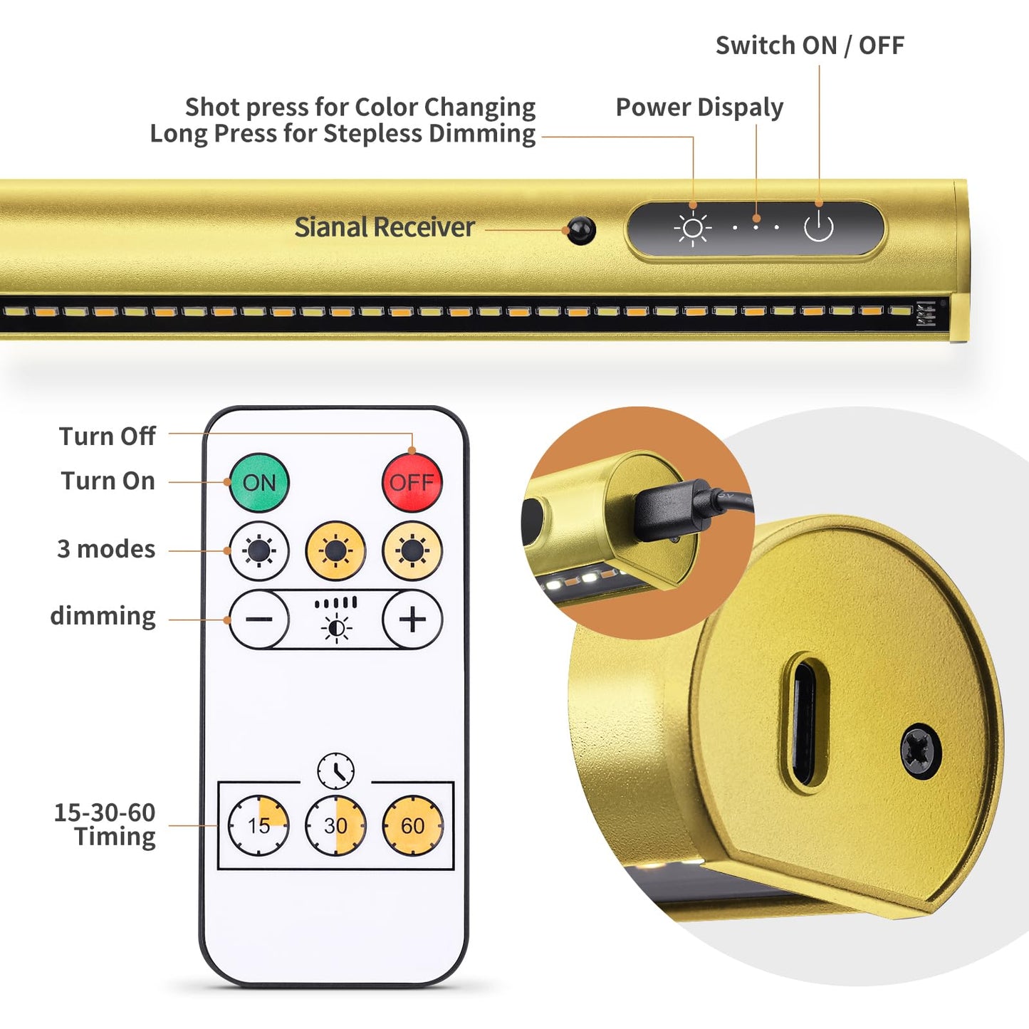 EAYOYAE Battery Operated Wireless Picture Light, Remote Control, 31.5inch, Aluminum, 2 Gold, Model PC-80B