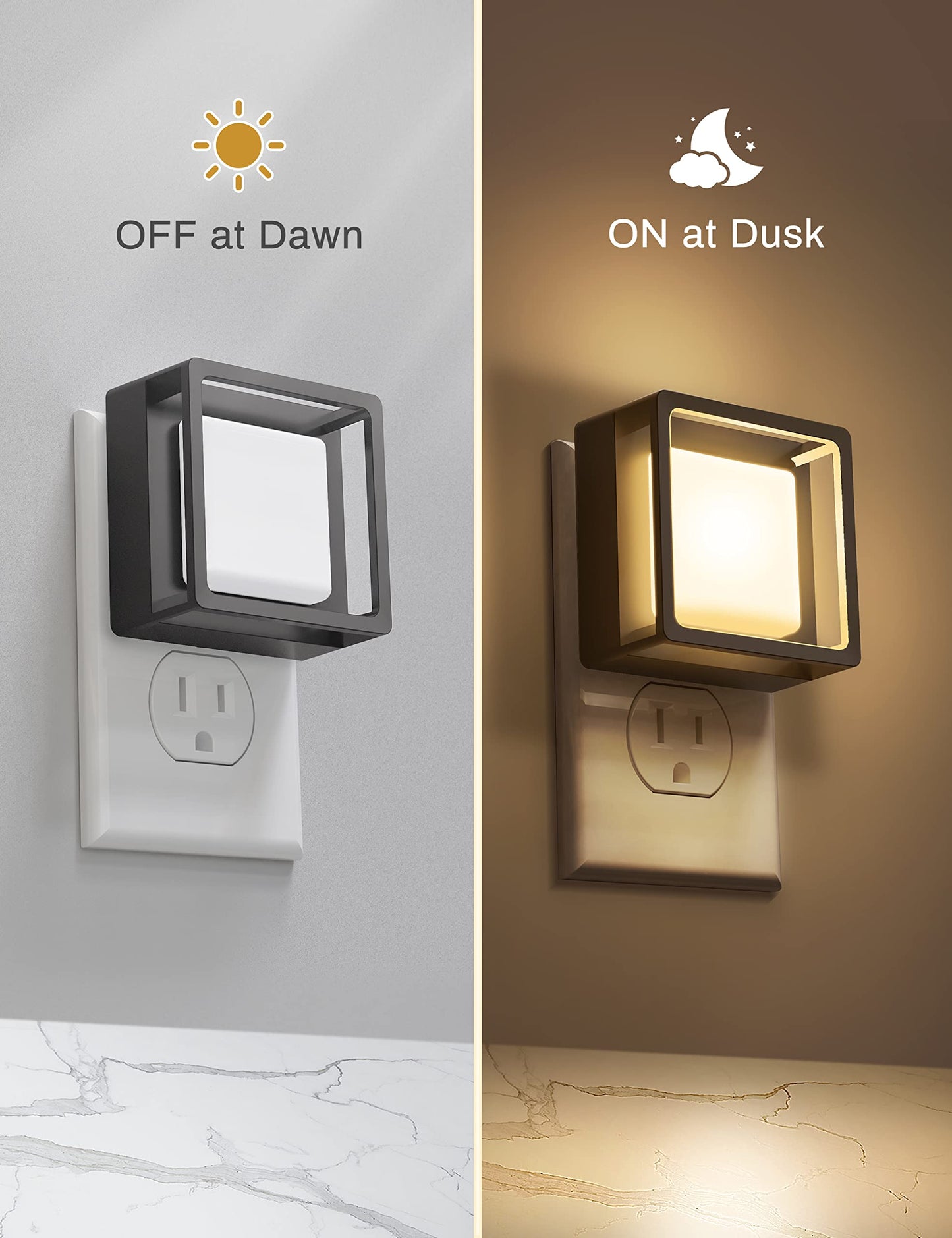 DORESshop Night Light 2 Pack, 3000K LED with Adjustable Brightness, Soft White-Silver Cover, Automatic Light Sensor for Home Use
