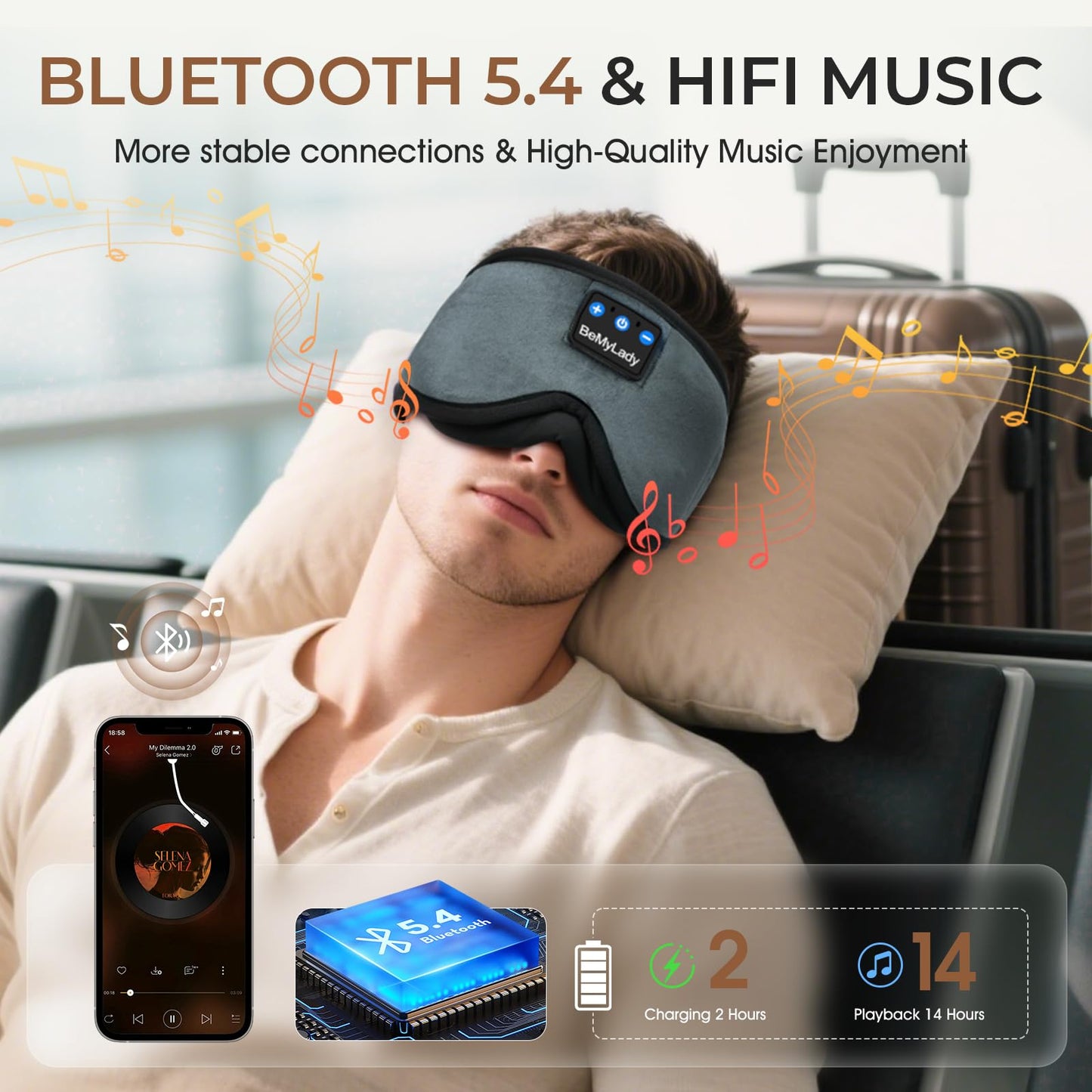 BeMyLady Sleep mask Headphones,100% Blackout 3D Zero Eye Pressure Bluetooth Sleep mask Breathable Eye mask with Bluetooth Headphones Sleep Headphones for Side Sleepers, 14H Playtime&Bluetooth 5.4 Grey