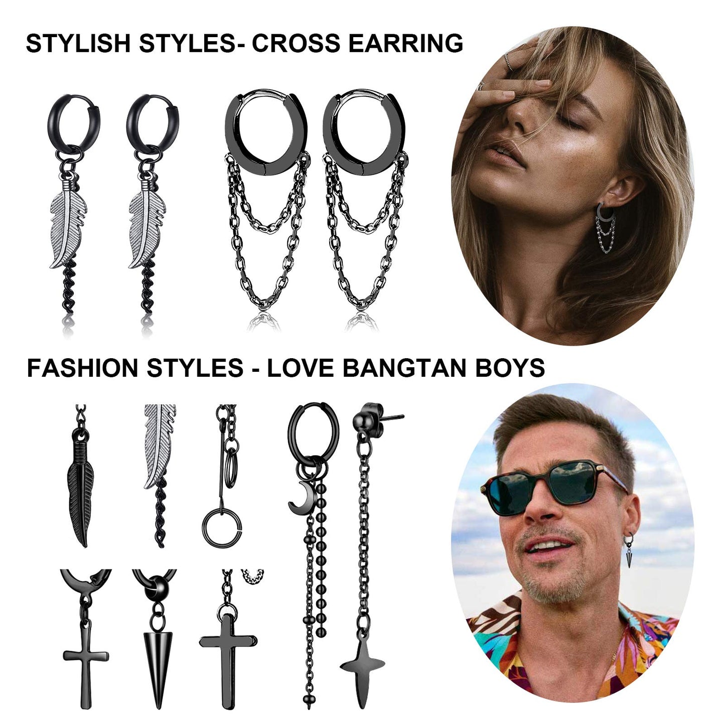 FIFATA 20 Pieces Men Earrings Set - Black Stainless Steel Chain Hoop Earrings Cross Moon and Star Dangle Earrings Piercing Jewel