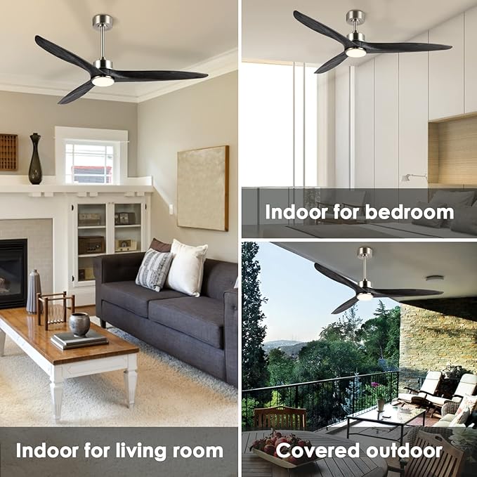 WINGBO 60 Inch DC Ceiling Fan with Lights and Remote Control, 3 Reversible Carved Wood Blades, 6-Speed Noiseless DC Motor, Modern Ceiling Fan in Brushed Nickel Finish with Gray Blades