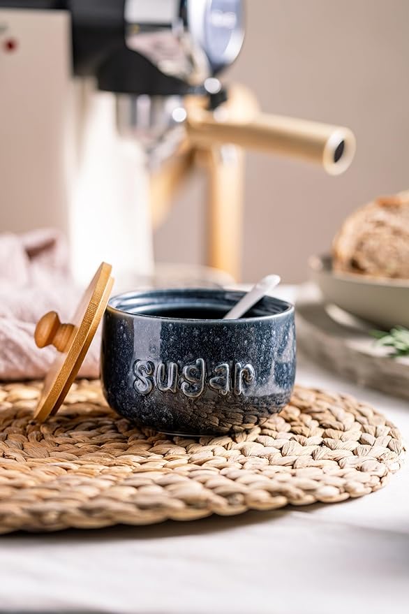 LYEOBOH Sugar Bowl with Lid and Spoon,17 OZ Large Sugar Jar for Countertop, Ceramic Sugar Dish for Coffee Bar, Azucarera for Farmhouse Home and Kitchen - Housewarming Gift, Starry Navy