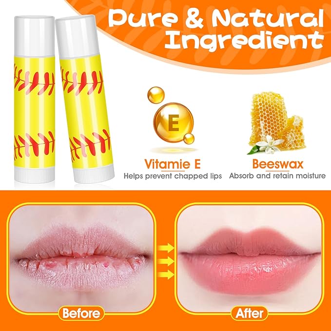 24 Pack Softball Chapstick for Softball Stadium Party Bulk Gifts,Beeswax Moisturizing Lip balm,Vanilla Flavor Plumping Lip balm for softball Team Girls kids Men Women Sports Lovers