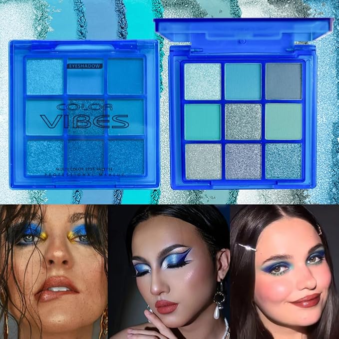 9 Colors Eyeshadow Palette - Blue Eyeshadow Theme, High Pigmented Blendable Matte & Glitter Shimmer Finishes, Long Lasting Eye Makeup for Christmas & Music Festivals(Blue)