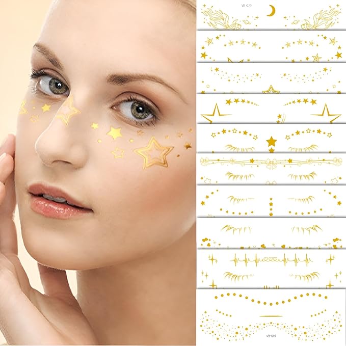 10Pcs Gold Glitter Star Freckles Tattoo Sticker,Faux Freckle Patches Waterproof Temporary Tattoos Heart Design,Gold Glitte...