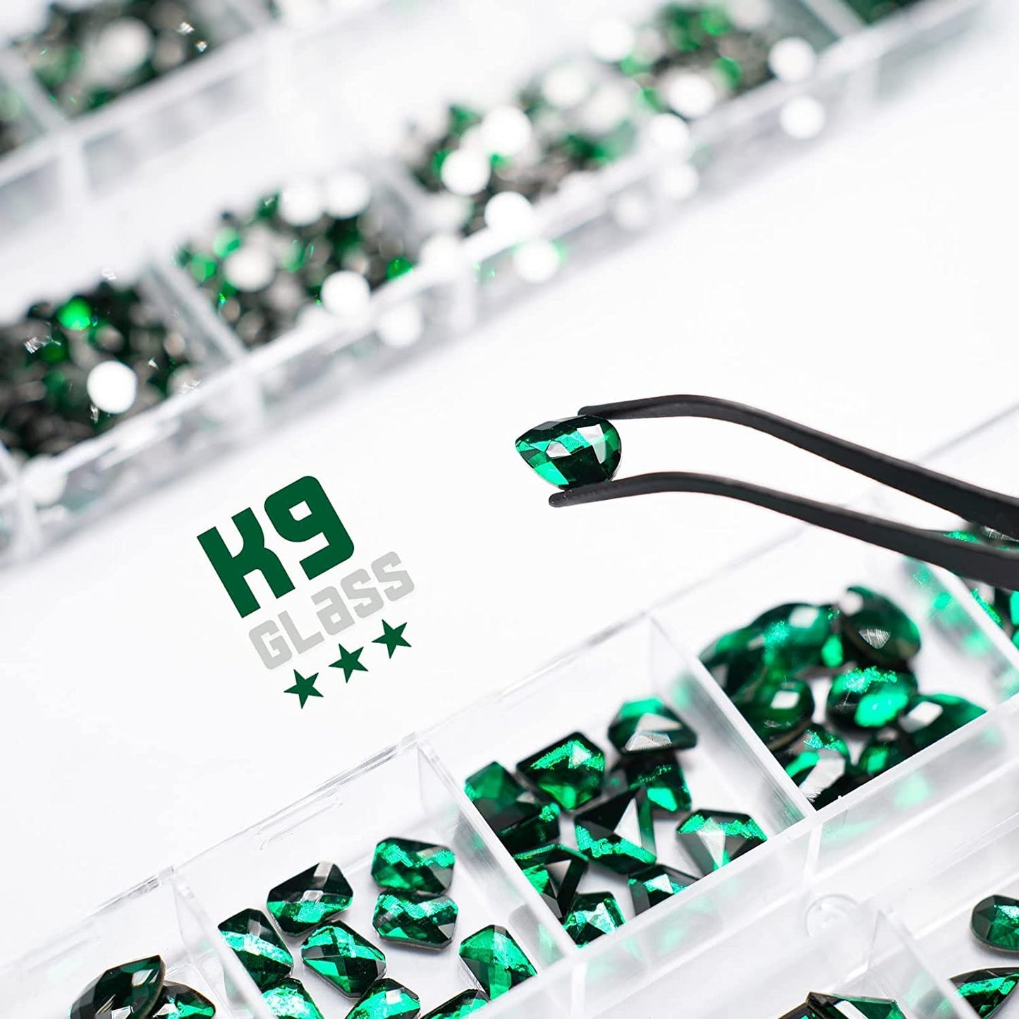 qiipii 3 Boxes Emerald Green Nail Rhinestones 240 Multi-Shapes Big Gems Dark Green Flatback Round Beads K9 Glass Crystals Stones