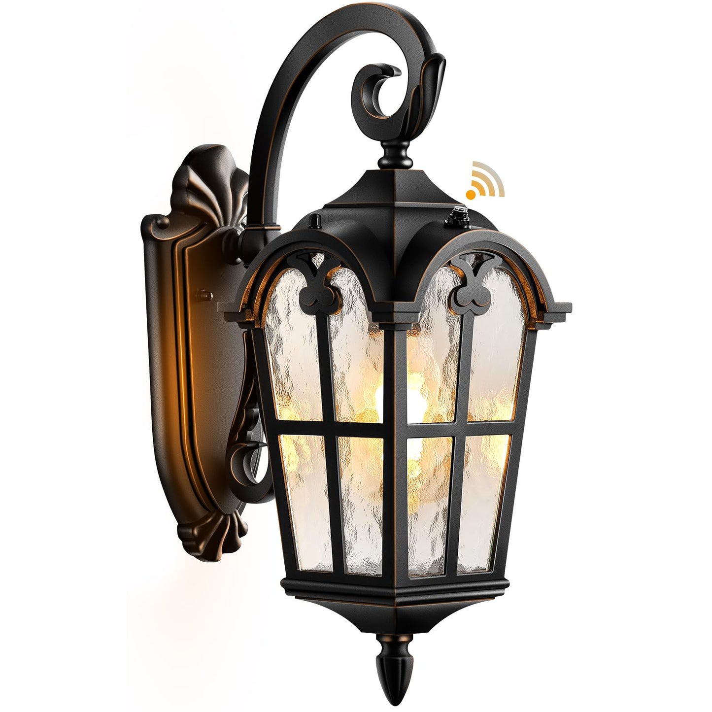 Vianis Outdoor Wall Light  16.9 Black Dusk To Dawn Outdoor Lighting With Gold Trim  Outside Light Fixtures Wall Mount With Tempered Water Ripple Glass For Patio  Entryway  Waterproof Anti-Rust