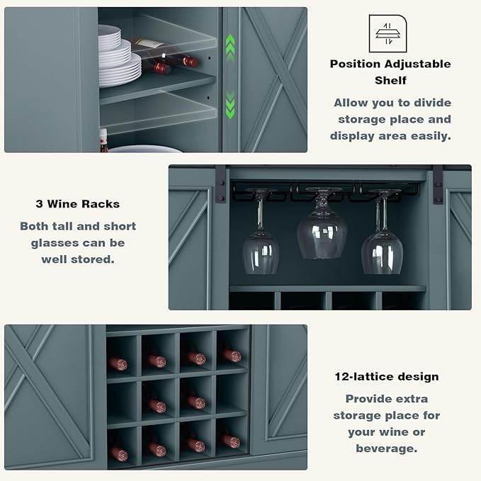 Contemporary Wine Bar Cabinet with Storage, Liquor Cabinet with Rack for Inside Cabinet, Coffee Bar Cabinet with Sliding Barn Door, Buffet Table for Kitchen, Living Room, 54 Inch (Dawn Blue)