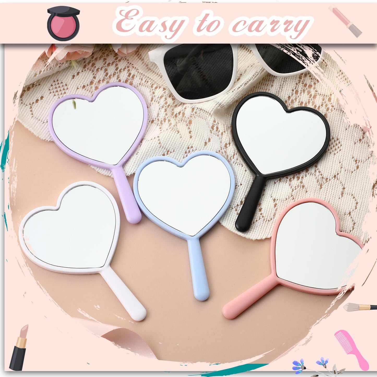 Threehoney 50 Pcs Heart Shaped Handheld Mirror with Handle Bulk Small Portable Travel Makeup Hand Held Mirror 3.15 x 4.72 Inch M