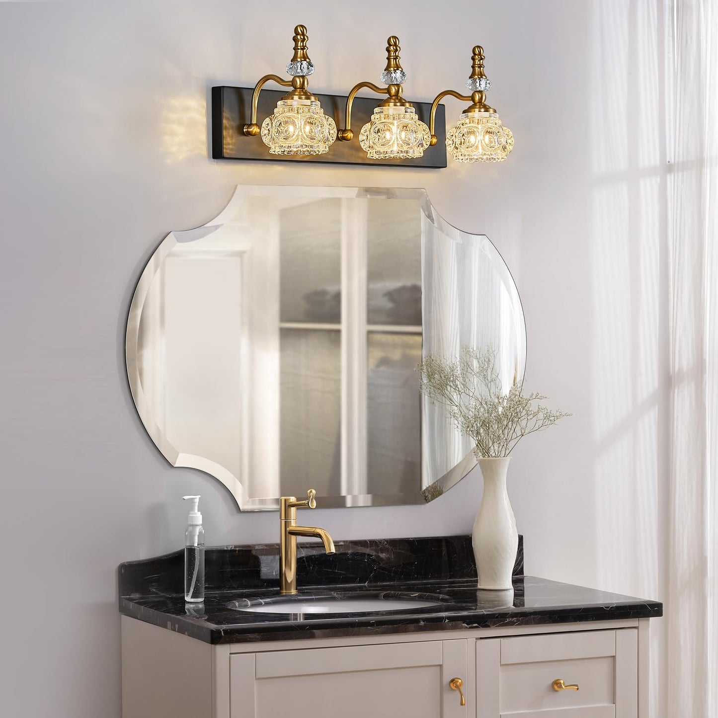 Lbsqj Bathroom Light Fixtures  Modern Glass Crystal Vanity Light Vintage Bathroom Lighting Fixtures Over Mirror 3 Light Vanity Lights G9 Bulb (19.68 Inch  Black Gold)