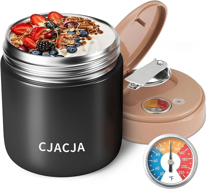 Insulated Food Jar with Temperature Display - 15.2 Oz, Thermo for Hot Food, Soup Thermo, Termos Para Comida Caliente, Width Mouth Stainless Steel Lunch Box with Folding Spoon, Black