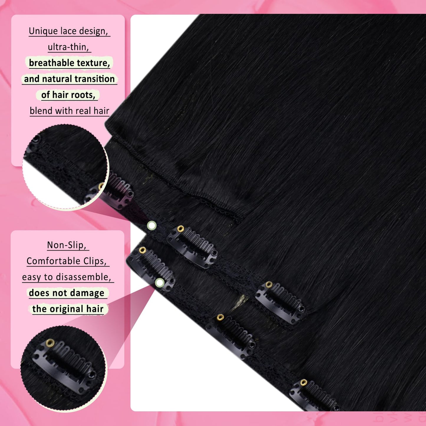 YoungSee 135G Clips in Hair Extensions Black Clip in Human Hair Extension Jet Black for Women No Sense of Disobedience 16Inch 7P