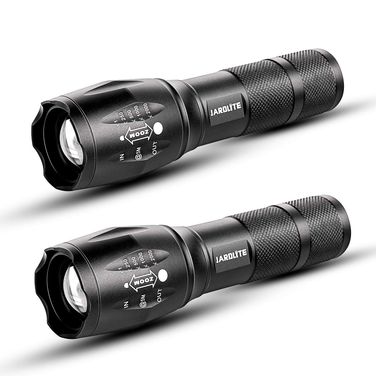 JARDLITE LED Flashlight, Adjustable Focus, Water Resistant, 5 Modes, Aluminum, 2 Pack, Model L1000